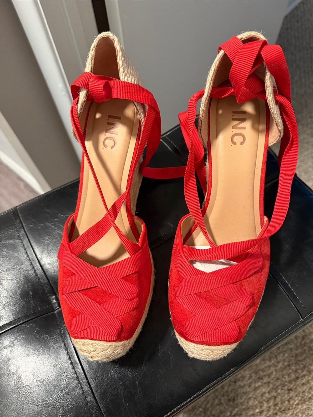 INC International Concepts Red Espadrille Wedge Sandals with Ankle Wrap